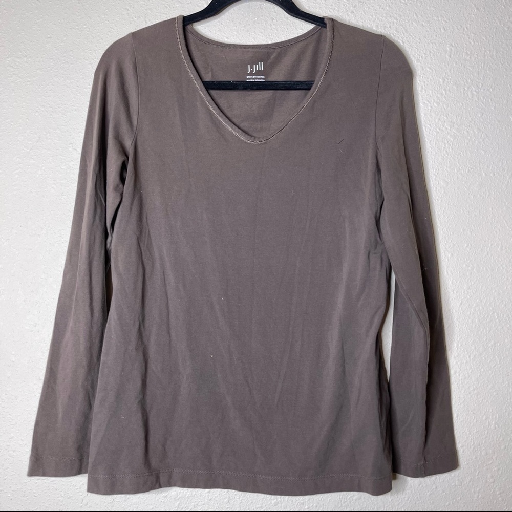 J. Jill Brown Satin Stitch V Neck Long Sleeve Shirt